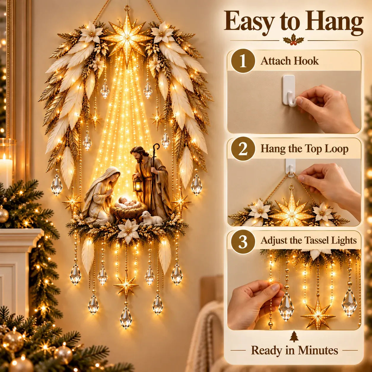 👼 3D Heavenly Angel Wings Nativity Light✨ – Lighted Christmas Wall Decor  ✨