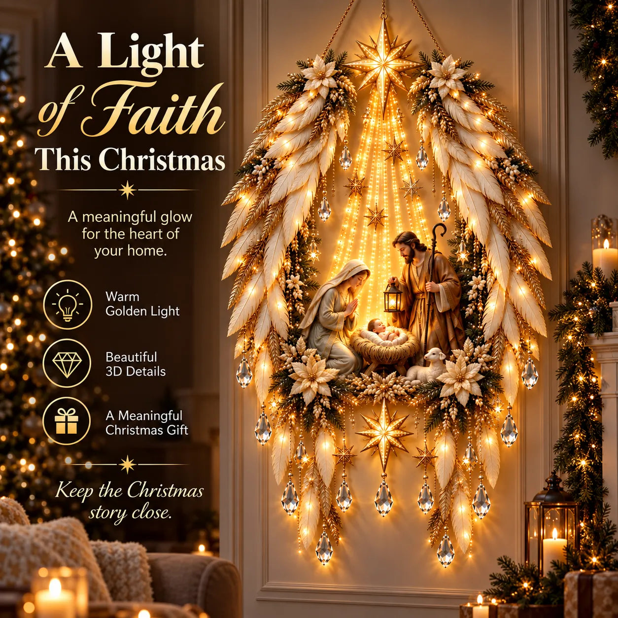 👼 3D Heavenly Angel Wings Nativity Light✨ – Lighted Christmas Wall Decor  ✨