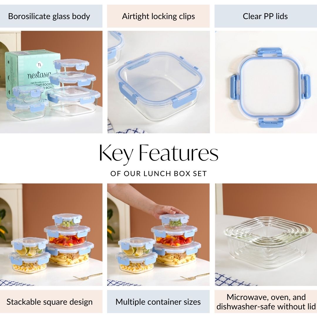 Airtight Food Storage Square Container Set Of 5 Blue XS 160 S 300 M 500 L 800 XL 1200