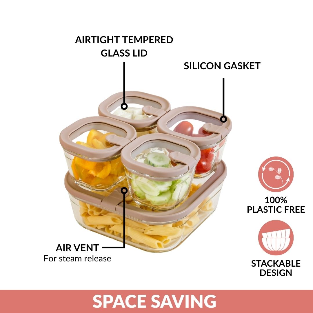 Food Container With Airtight Lid Set Of 5 220ml 1320ml Brown