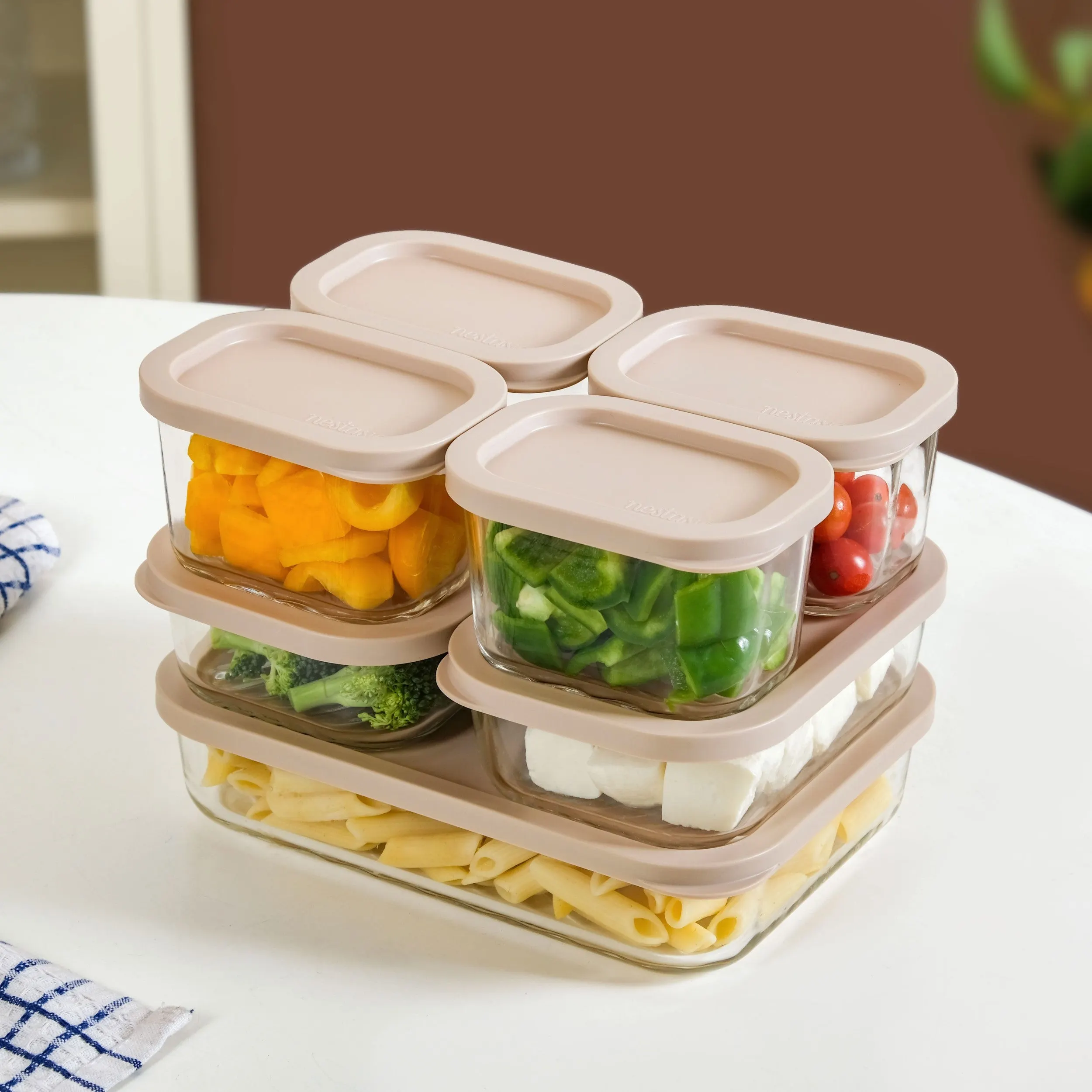 Borosilicate Premium Food Container With Lid Set Of 7 310ml 520ml 1200ml Beige