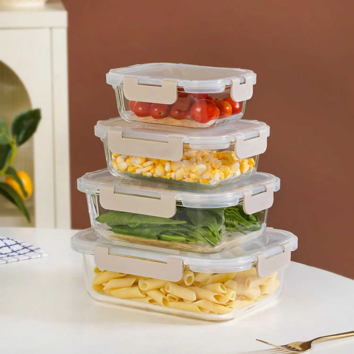 Microwave Safe Stackable Food Storage Box Set Of 4 Beige S 370ml M 600ml L 1000ml XL 1500ml