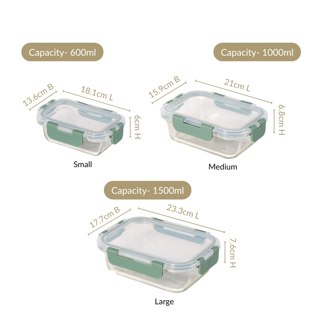 Leakproof Rectangular Food Storage Box Set Of 3 Green S 600ml M 1000ml L 1500ml