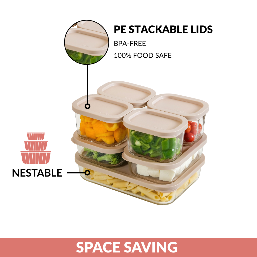 Borosilicate Premium Food Container With Lid Set Of 7 310ml 520ml 1200ml Beige