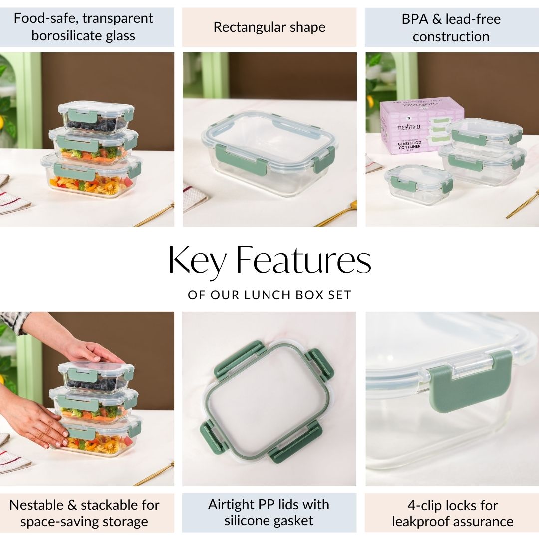 Lunch Box Set Of 3 Green S 370ml M 600ml L 1000ml