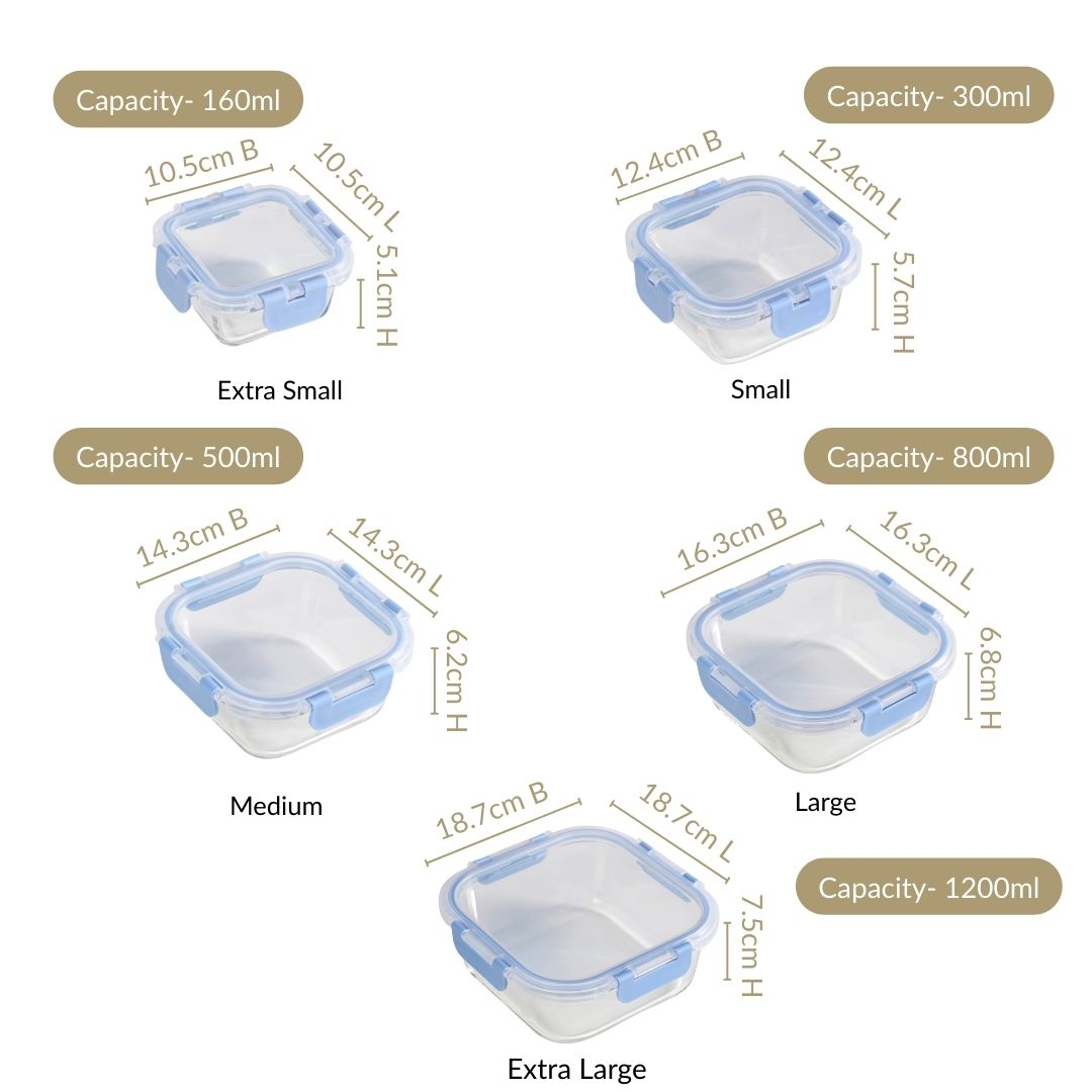 Airtight Food Storage Square Container Set Of 5 Blue XS 160 S 300 M 500 L 800 XL 1200