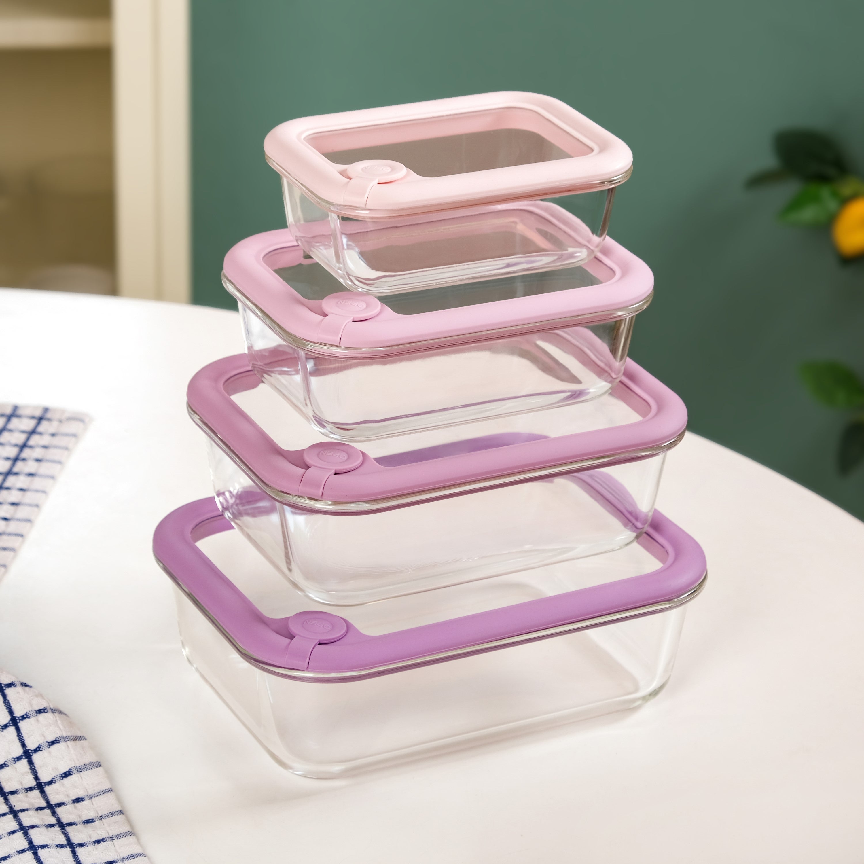 Air Vent Tempered Glass Lid Food Storage Container Set Of 4 Pink Ombre 370ml 640ml 1040ml 1520ml