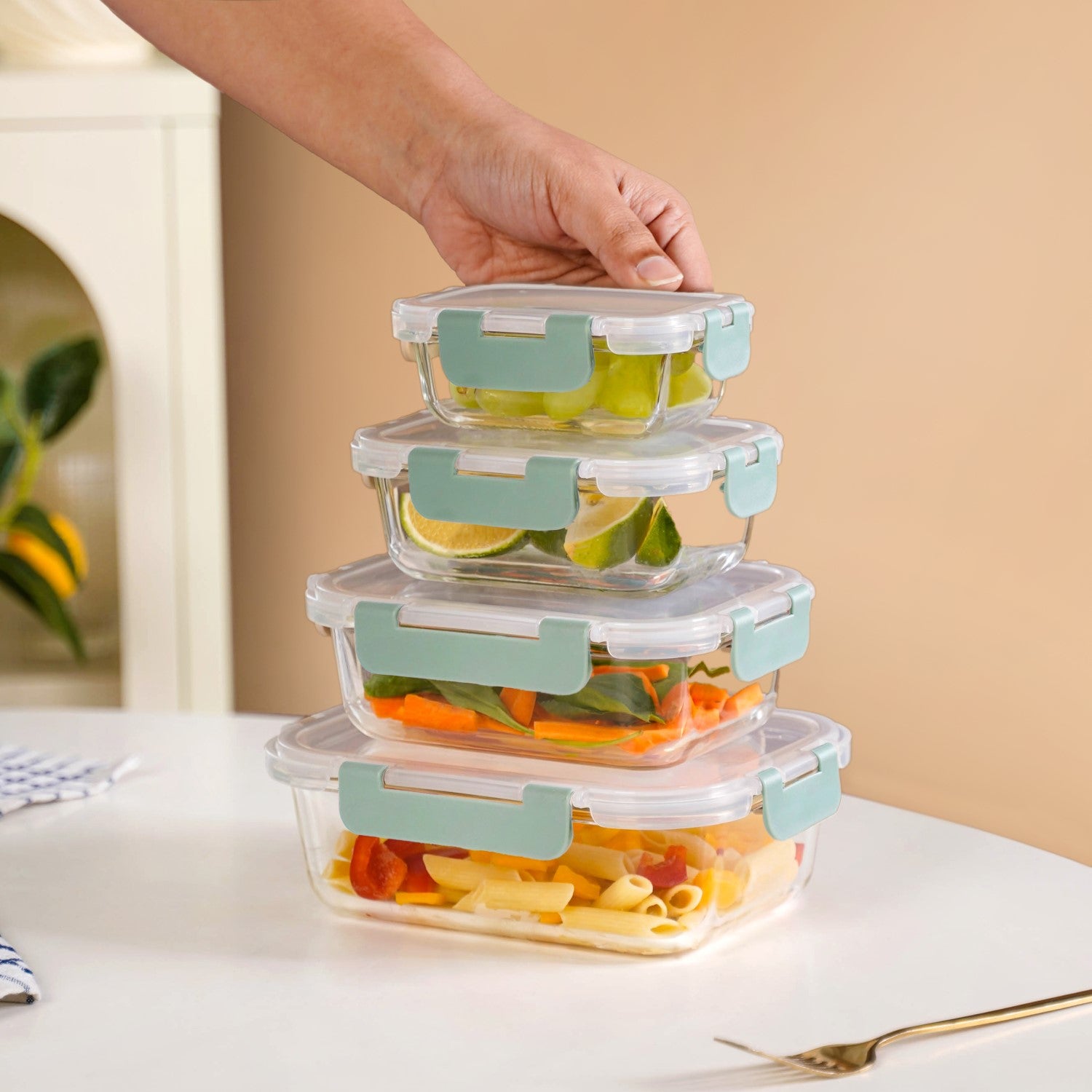 Leakproof Stackable Food Storage Lunch Box Set Of 4 Green S 185ml M 370ml L 600ml XL 1000ml