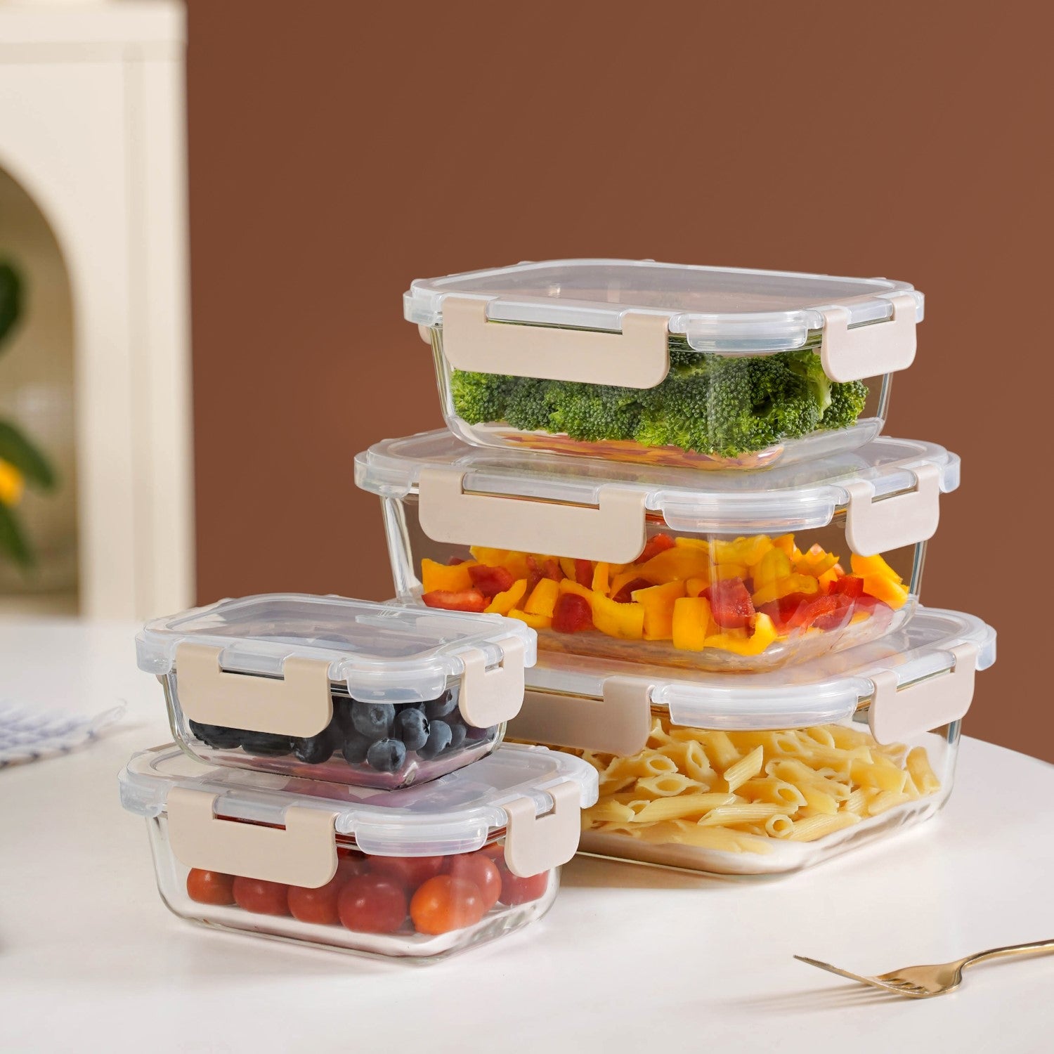 Leakproof Food Storage Box Set Of 5 Beige XS 185ml S 370ml M 600ml L 1000ml XL 1500ml