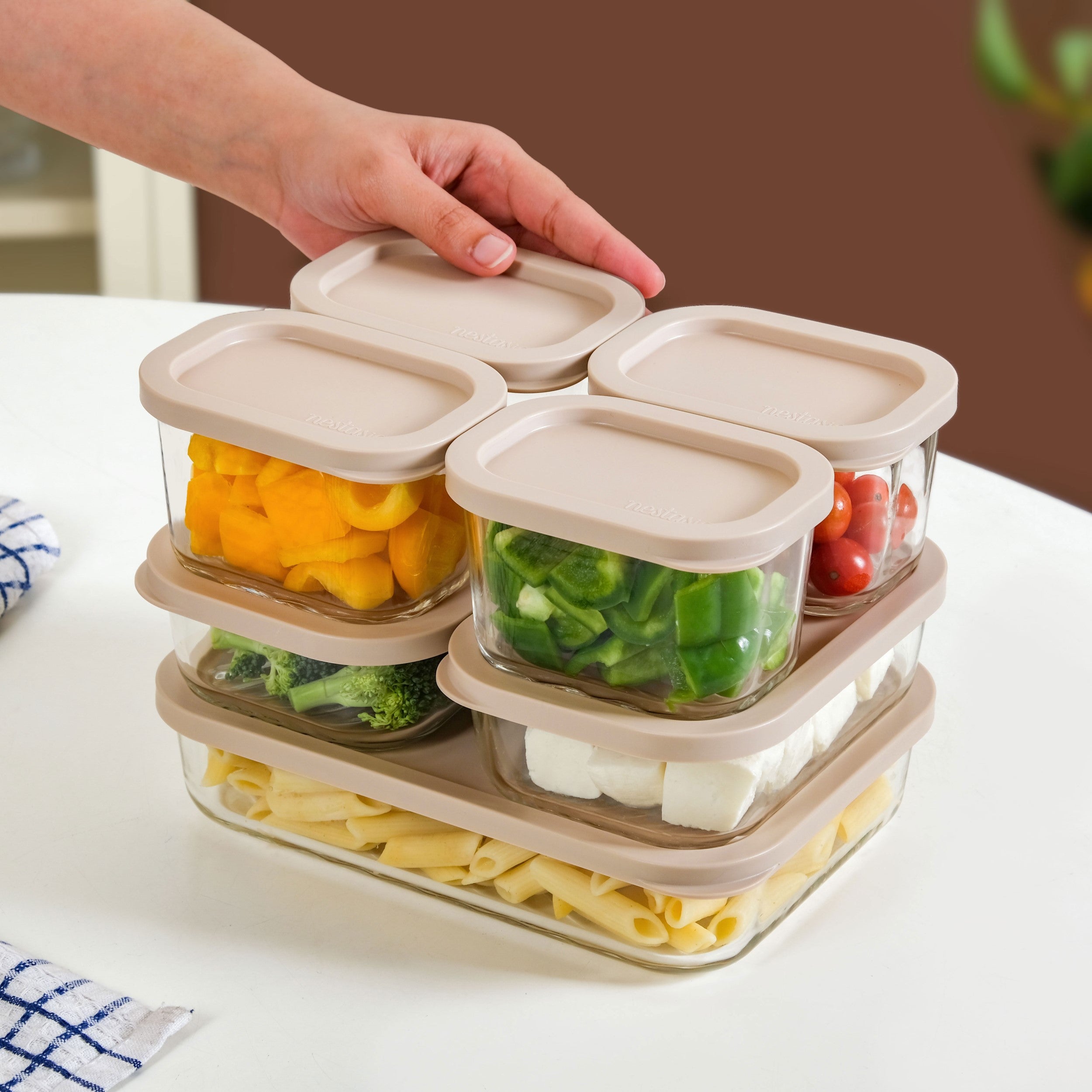 Borosilicate Premium Food Container With Lid Set Of 7 310ml 520ml 1200ml Beige