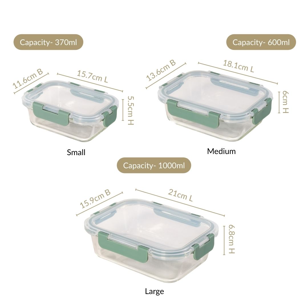 Lunch Box Set Of 3 Green S 370ml M 600ml L 1000ml