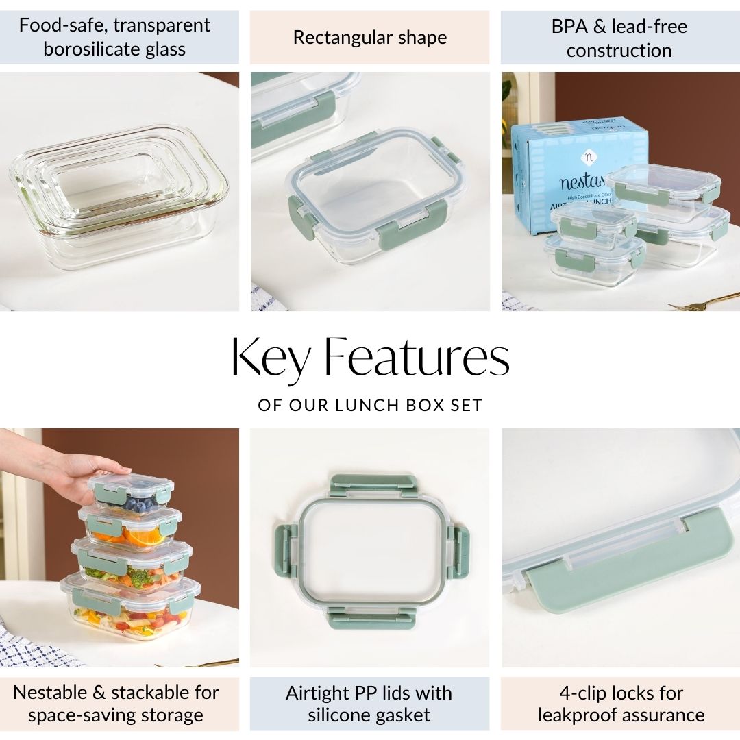 Leakproof Stackable Food Storage Lunch Box Set Of 4 Green S 185ml M 370ml L 600ml XL 1000ml