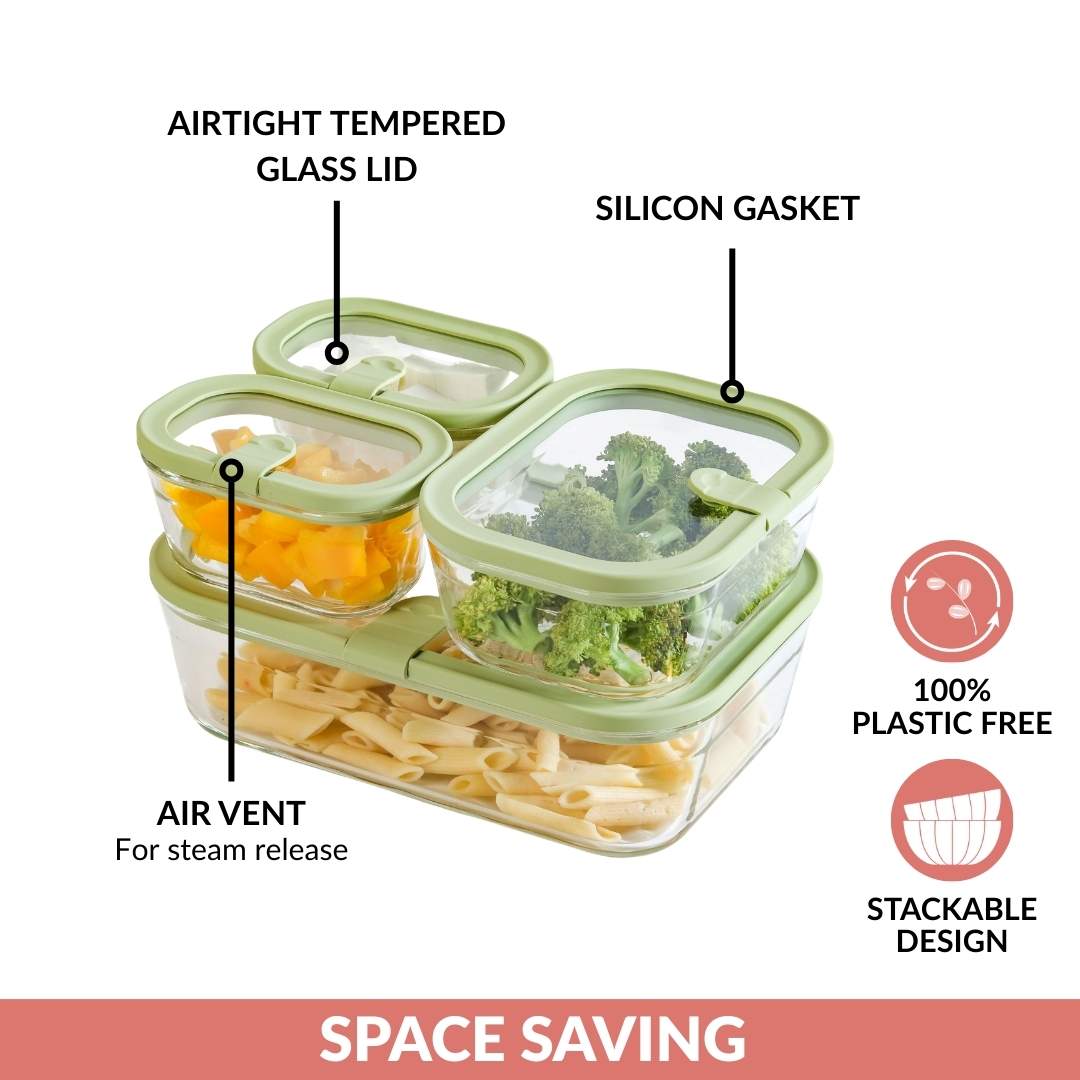 Stackable Food Container Set Of 4 370ml 930ml 2500ml Green