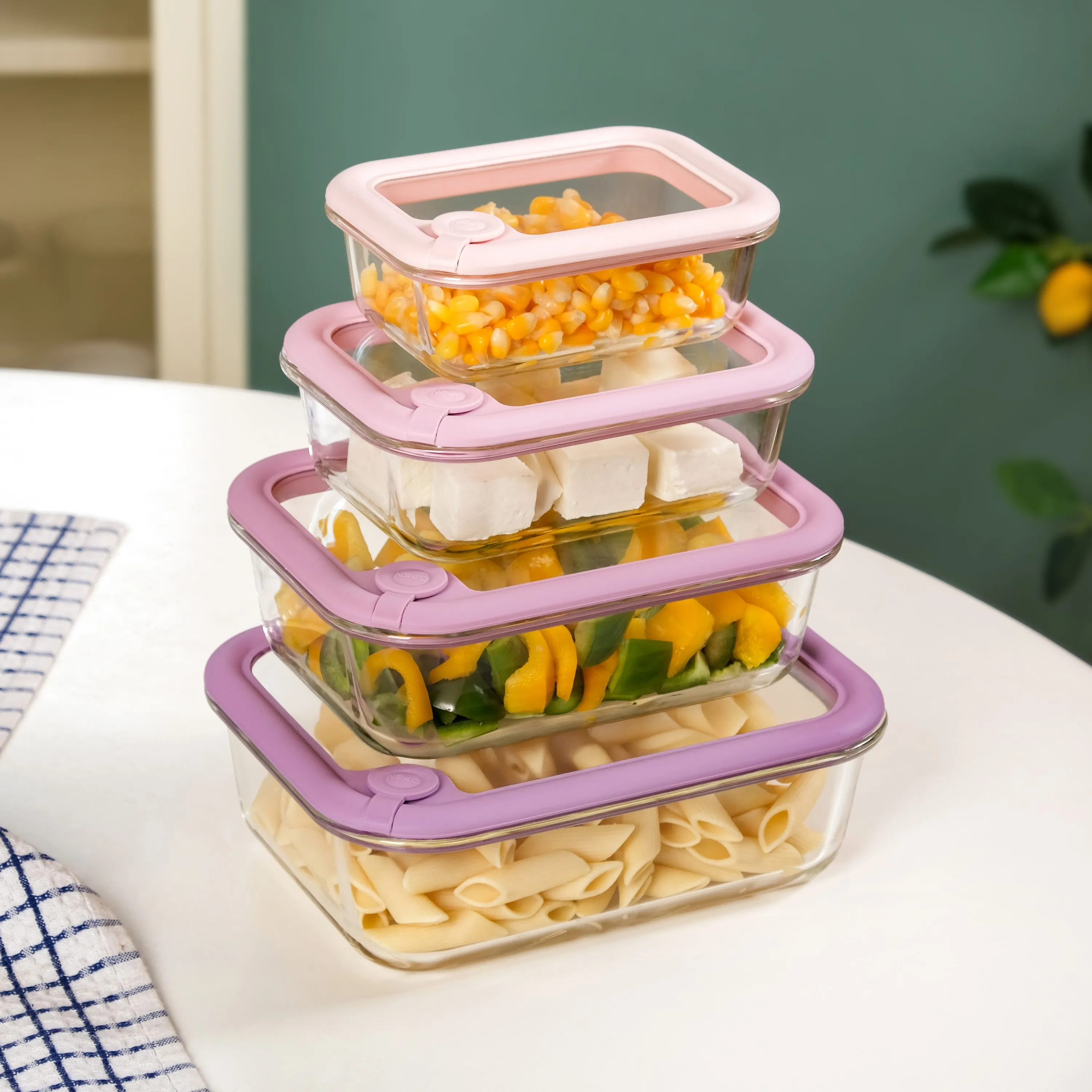 Air Vent Tempered Glass Lid Food Storage Container Set Of 4 Pink Ombre 370ml 640ml 1040ml 1520ml
