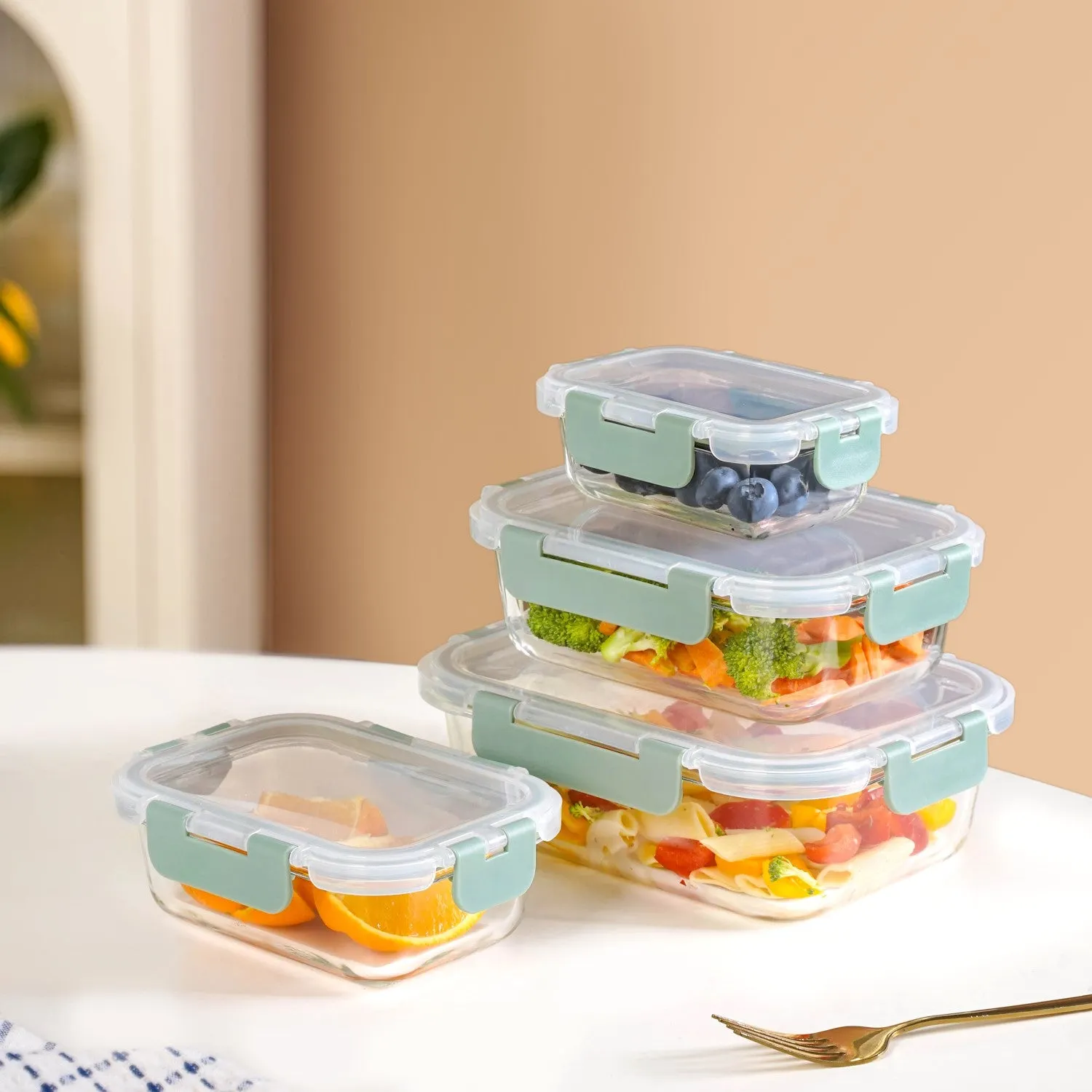 Leakproof Stackable Food Storage Lunch Box Set Of 4 Green S 185ml M 370ml L 600ml XL 1000ml