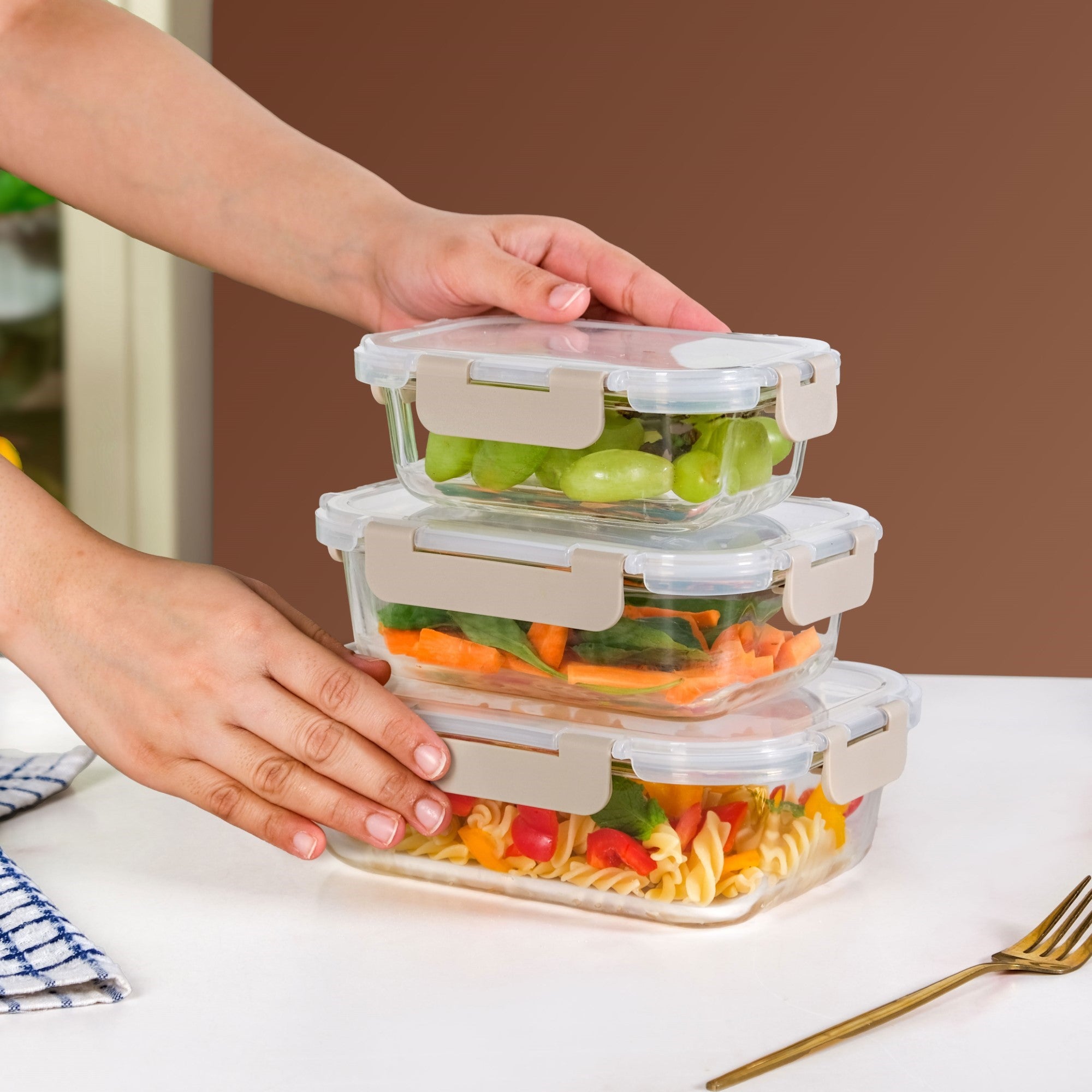 Lunch Box For Office Set Of 3 Beige S 370ml M 600ml L 100ml