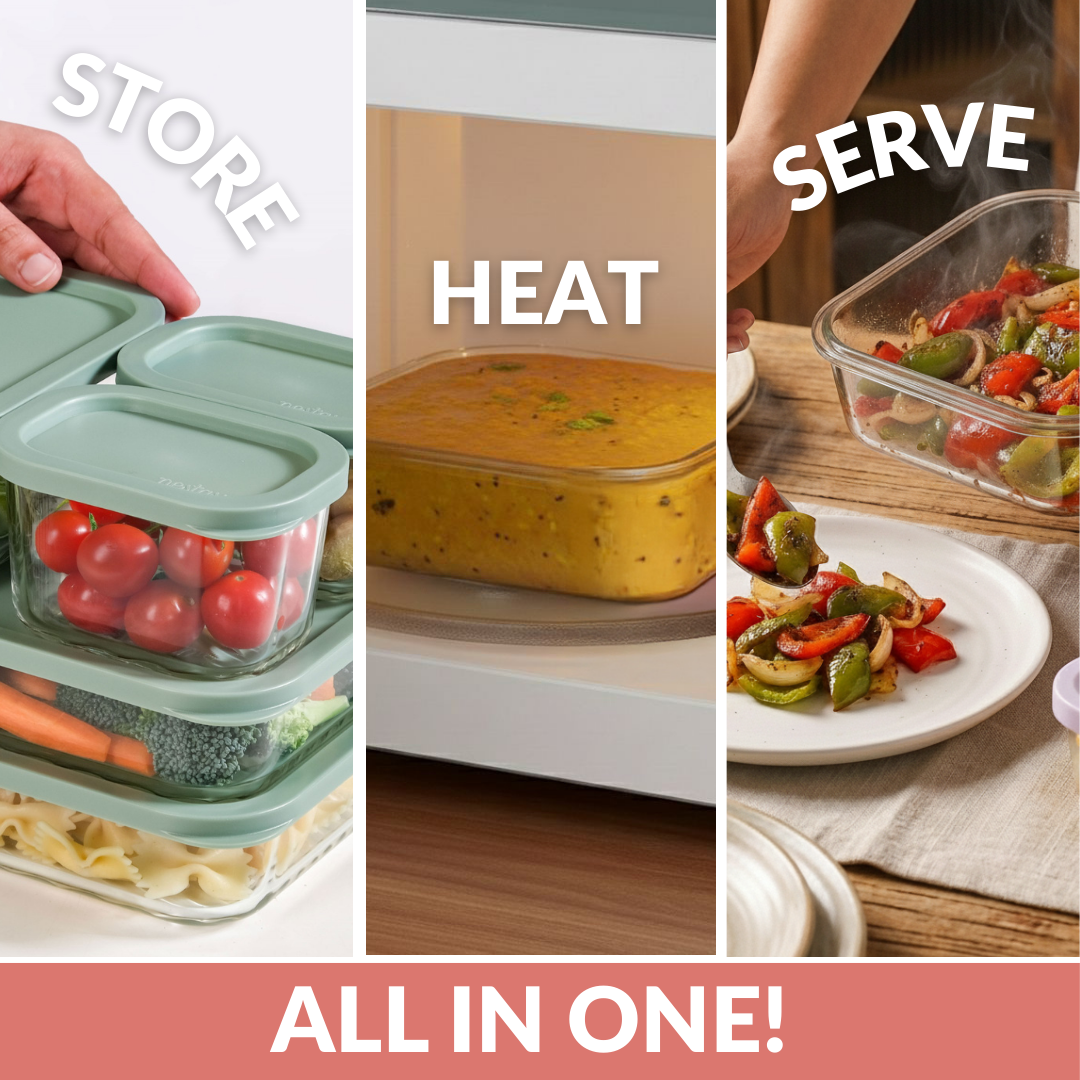 Borosilicate Premium Food Container With Lid Set Of 7 310ml 520ml 1200ml Beige