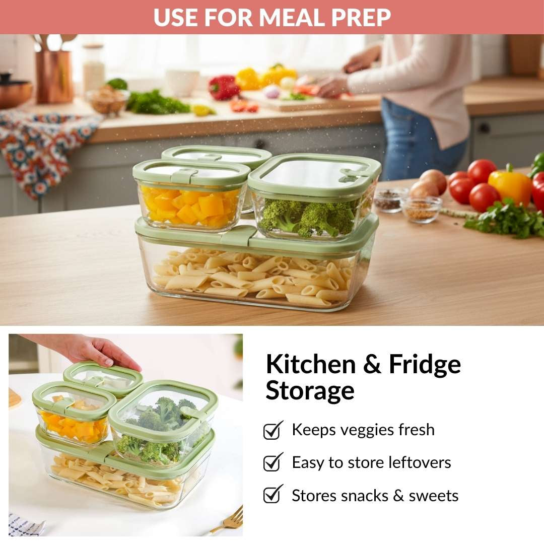 Stackable Food Container Set Of 4 370ml 930ml 2500ml Green