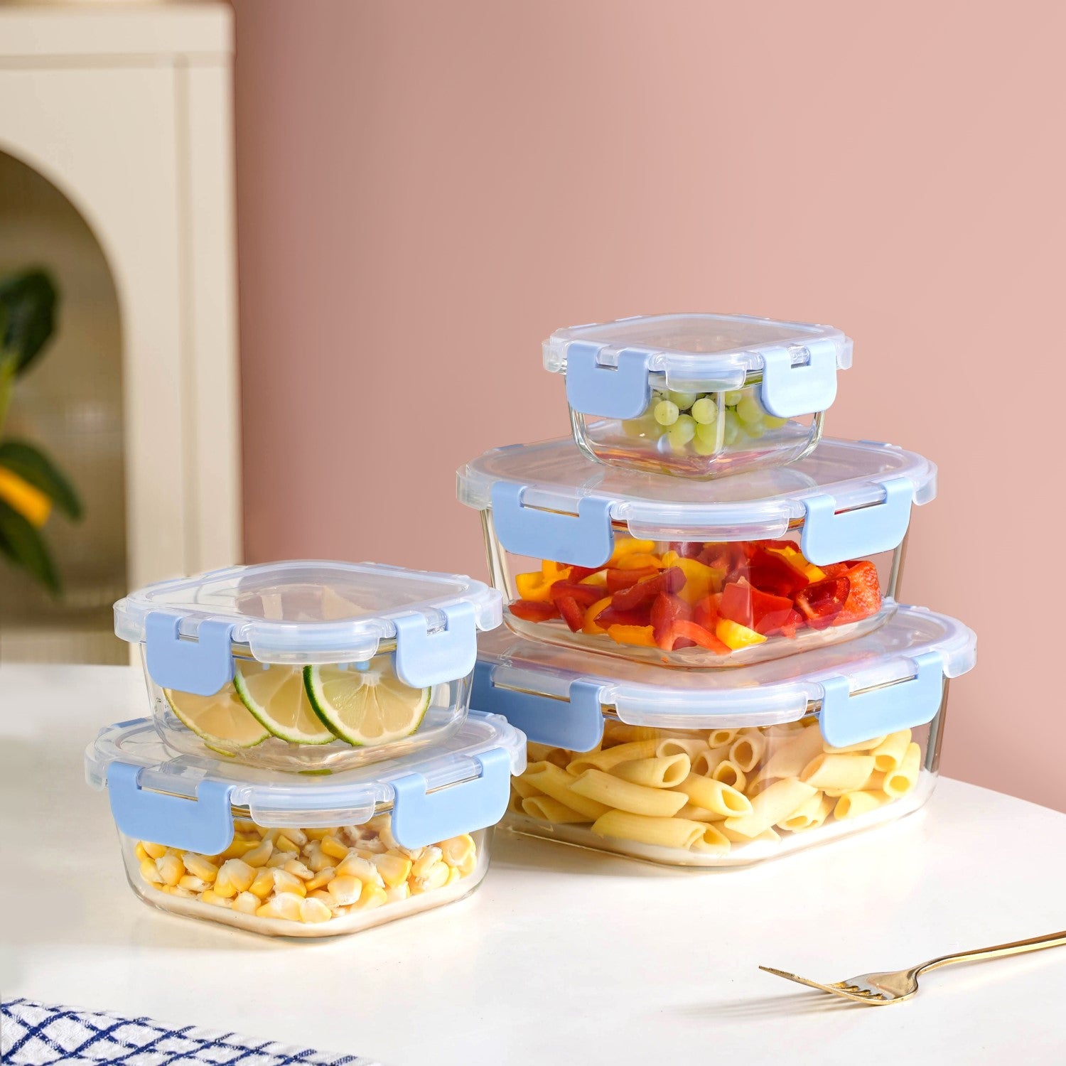 Airtight Food Storage Square Container Set Of 5 Blue XS 160 S 300 M 500 L 800 XL 1200