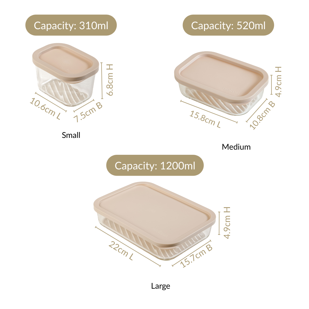 Borosilicate Premium Food Container With Lid Set Of 7 310ml 520ml 1200ml Beige