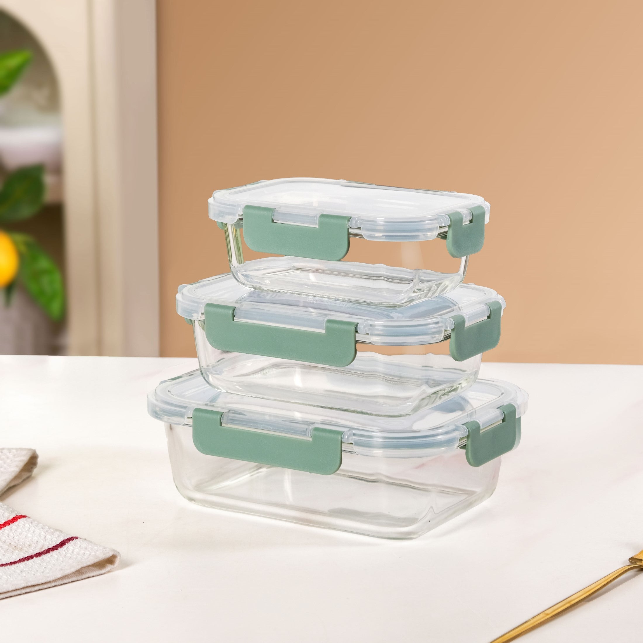 Lunch Box Set Of 3 Green S 370ml M 600ml L 1000ml