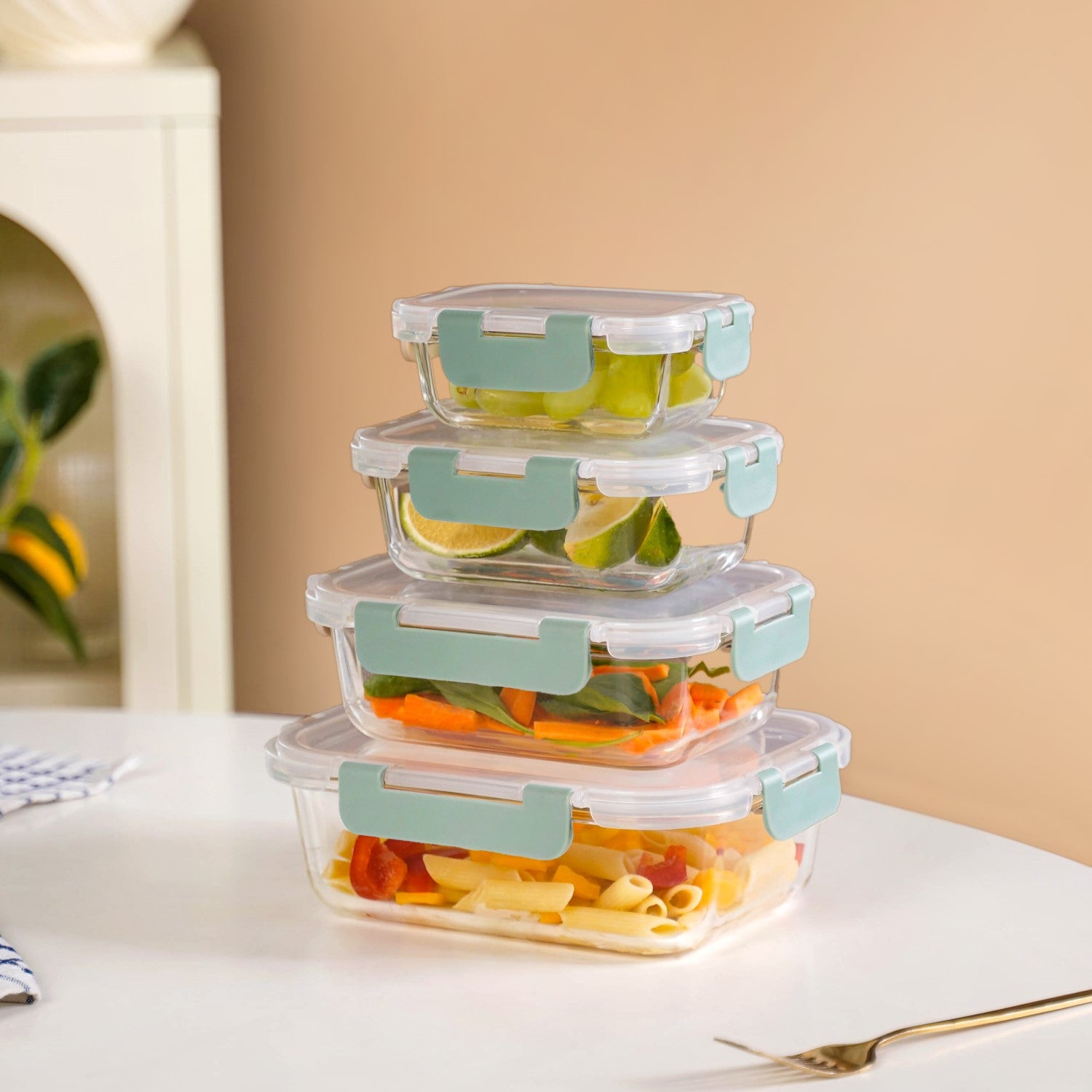 Leakproof Stackable Food Storage Lunch Box Set Of 4 Green S 185ml M 370ml L 600ml XL 1000ml