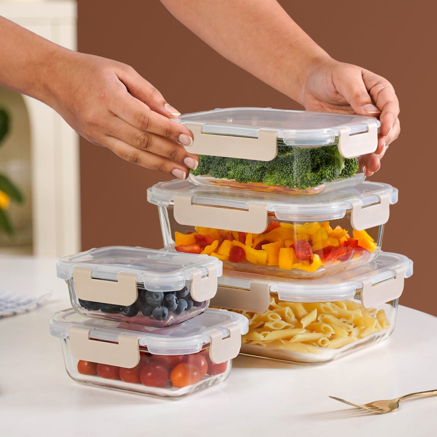Leakproof Food Storage Box Set Of 5 Beige XS 185ml S 370ml M 600ml L 1000ml XL 1500ml
