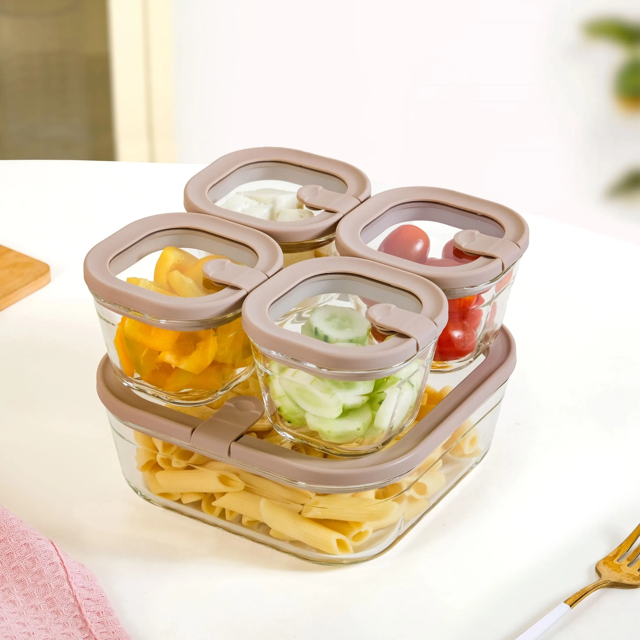 Food Container With Airtight Lid Set Of 5 220ml 1320ml Brown