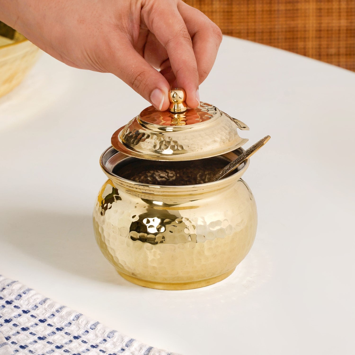 Hammered Pure Brass Ghee Pot With Spoon 400ml
