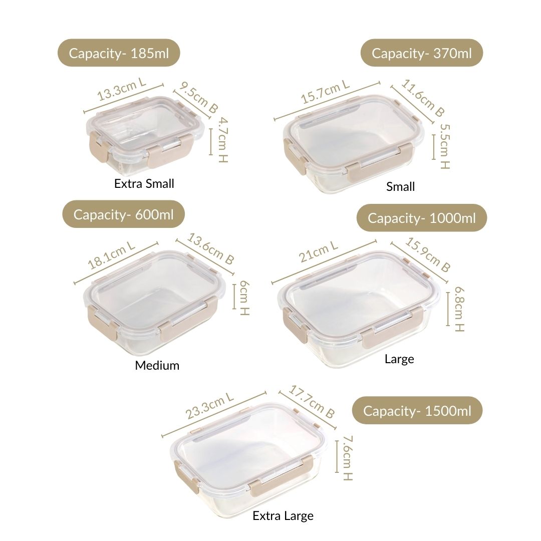 Leakproof Food Storage Box Set Of 5 Beige XS 185ml S 370ml M 600ml L 1000ml XL 1500ml