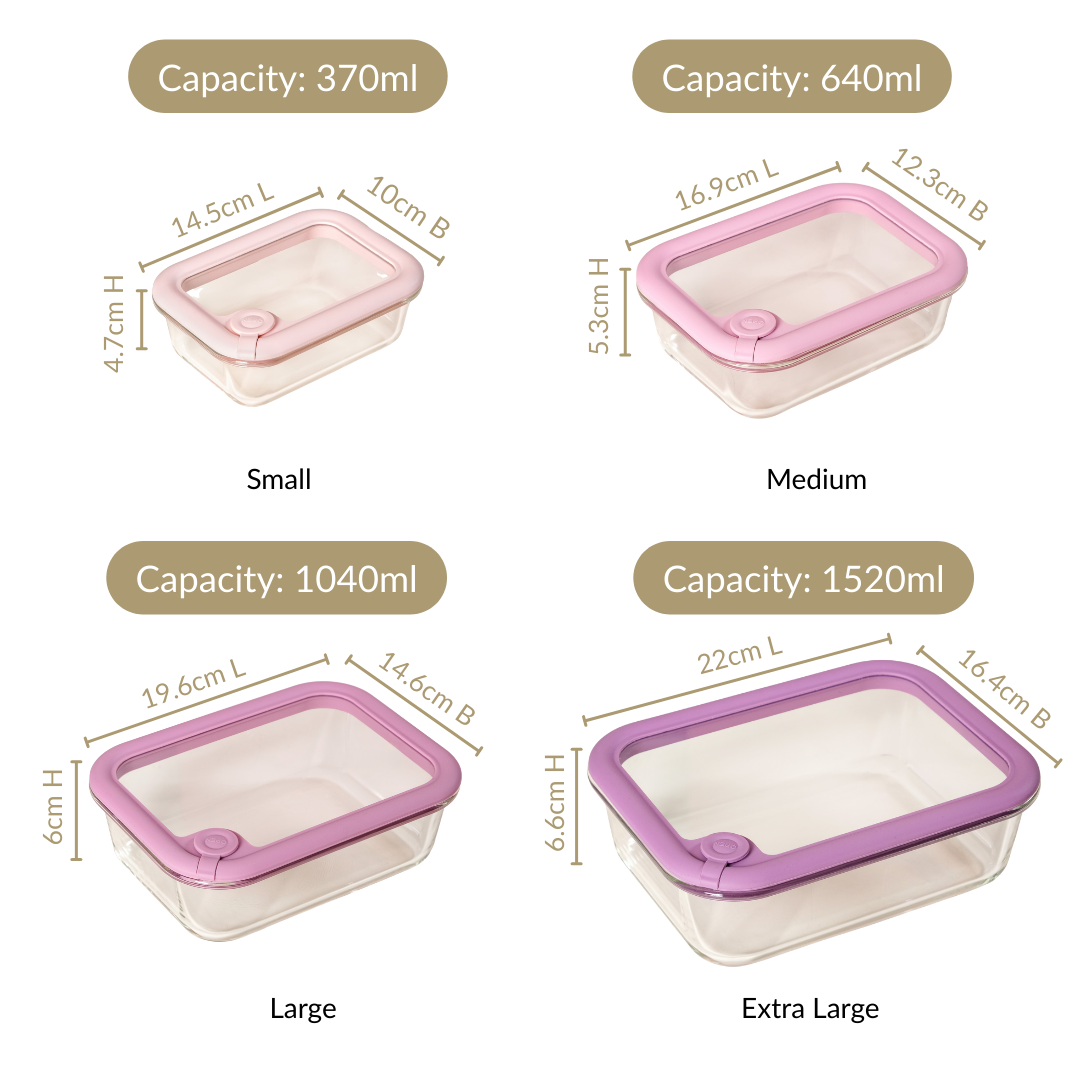 Air Vent Tempered Glass Lid Food Storage Container Set Of 4 Pink Ombre 370ml 640ml 1040ml 1520ml