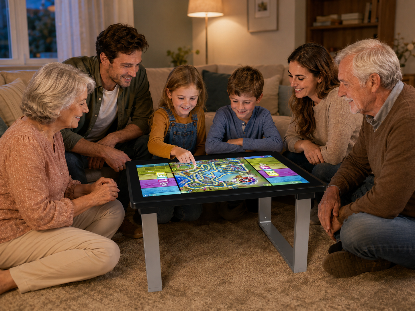 Parent and children solving a digital puzzle together