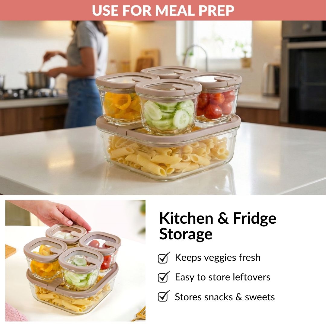 Food Container With Airtight Lid Set Of 5 220ml 1320ml Brown