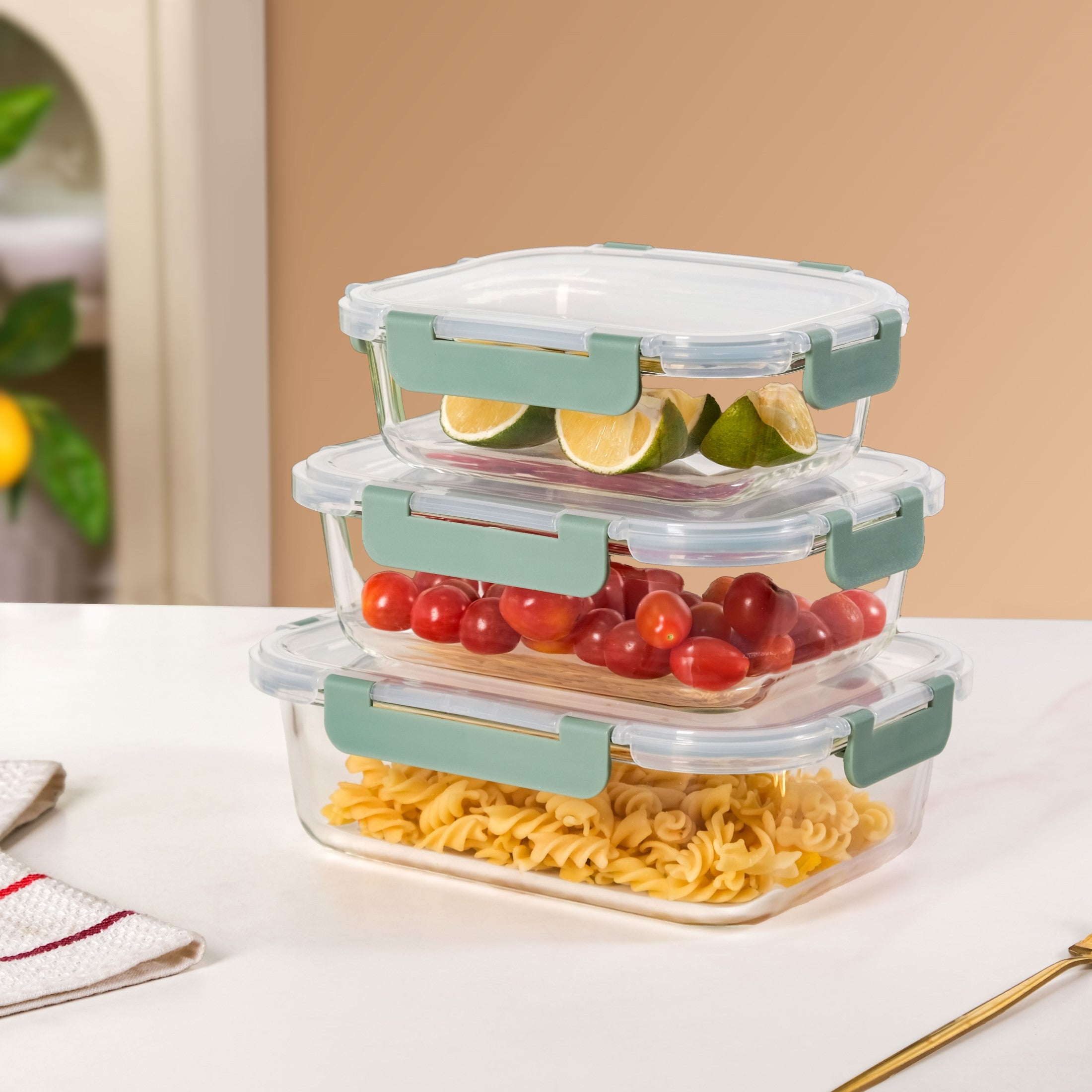 Leakproof Rectangular Food Storage Box Set Of 3 Green S 600ml M 1000ml L 1500ml