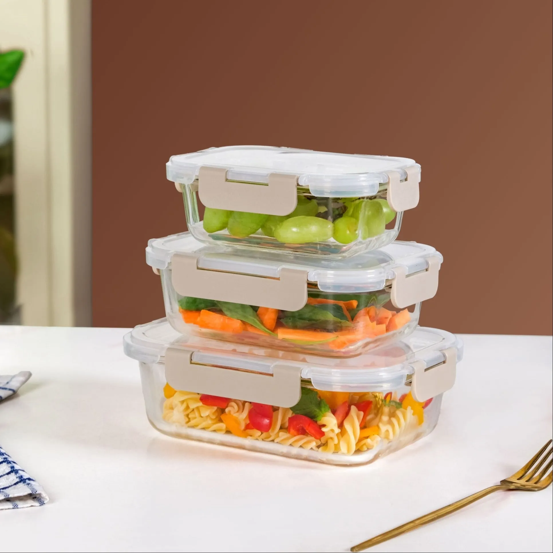 Lunch Box For Office Set Of 3 Beige S 370ml M 600ml L 100ml