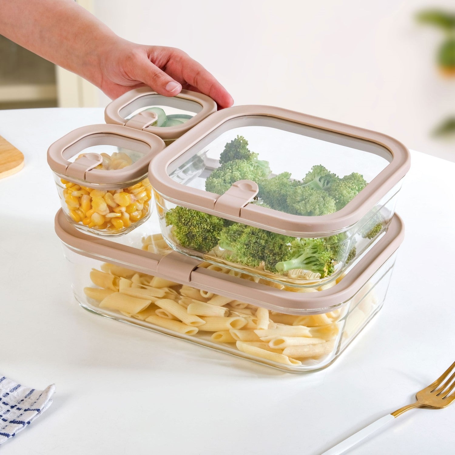 Vento Food Storage Container Set Of 4 220ml 1320ml 2500ml Beige Brown