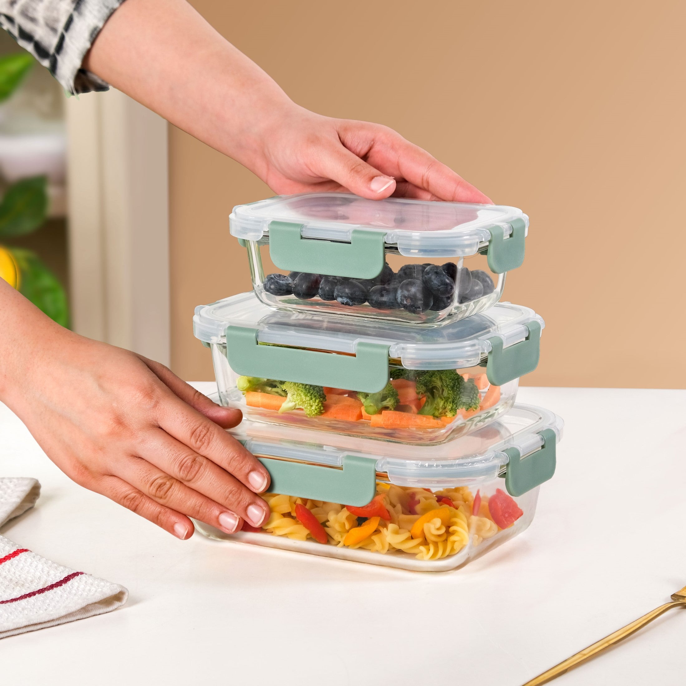Lunch Box Set Of 3 Green S 370ml M 600ml L 1000ml