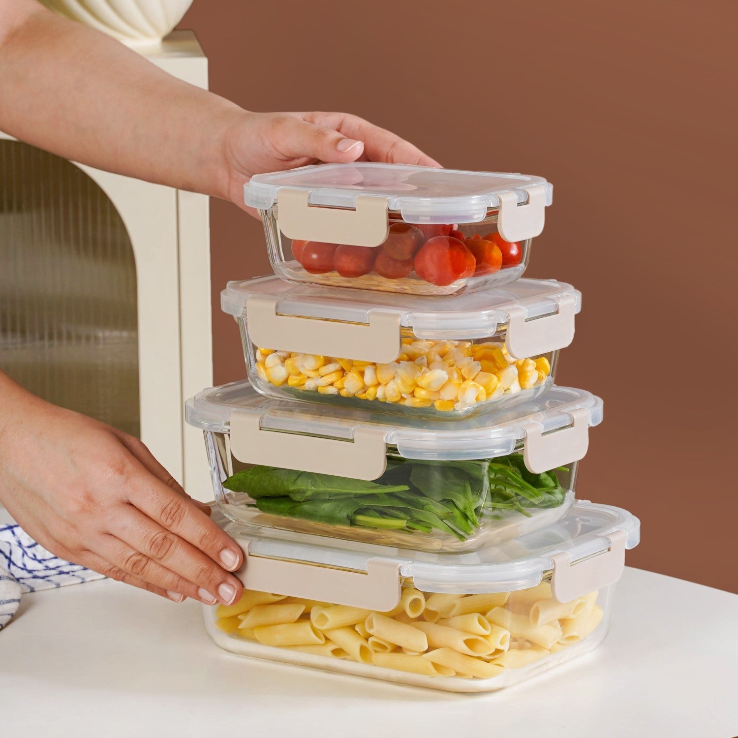 Microwave Safe Stackable Food Storage Box Set Of 4 Beige S 370ml M 600ml L 1000ml XL 1500ml