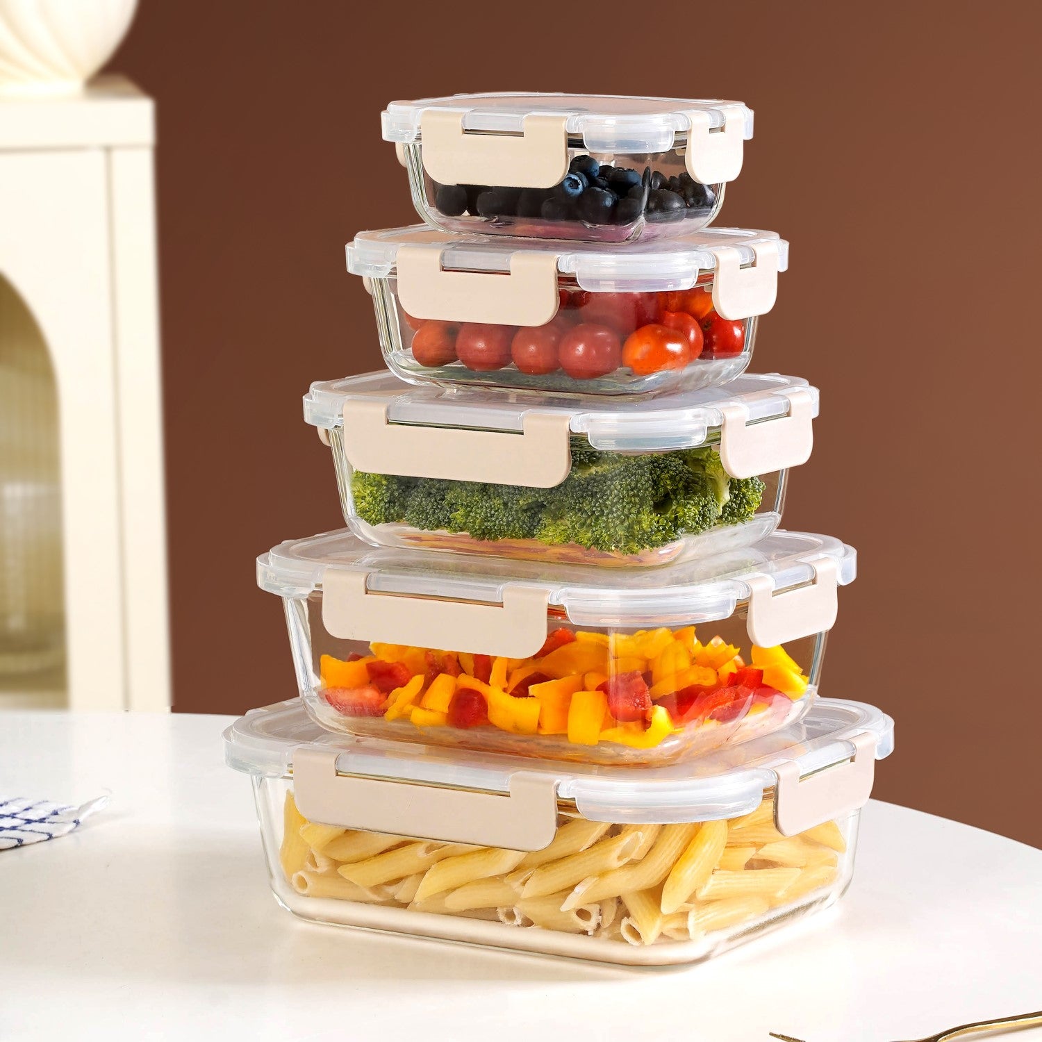 Leakproof Food Storage Box Set Of 5 Beige XS 185ml S 370ml M 600ml L 1000ml XL 1500ml
