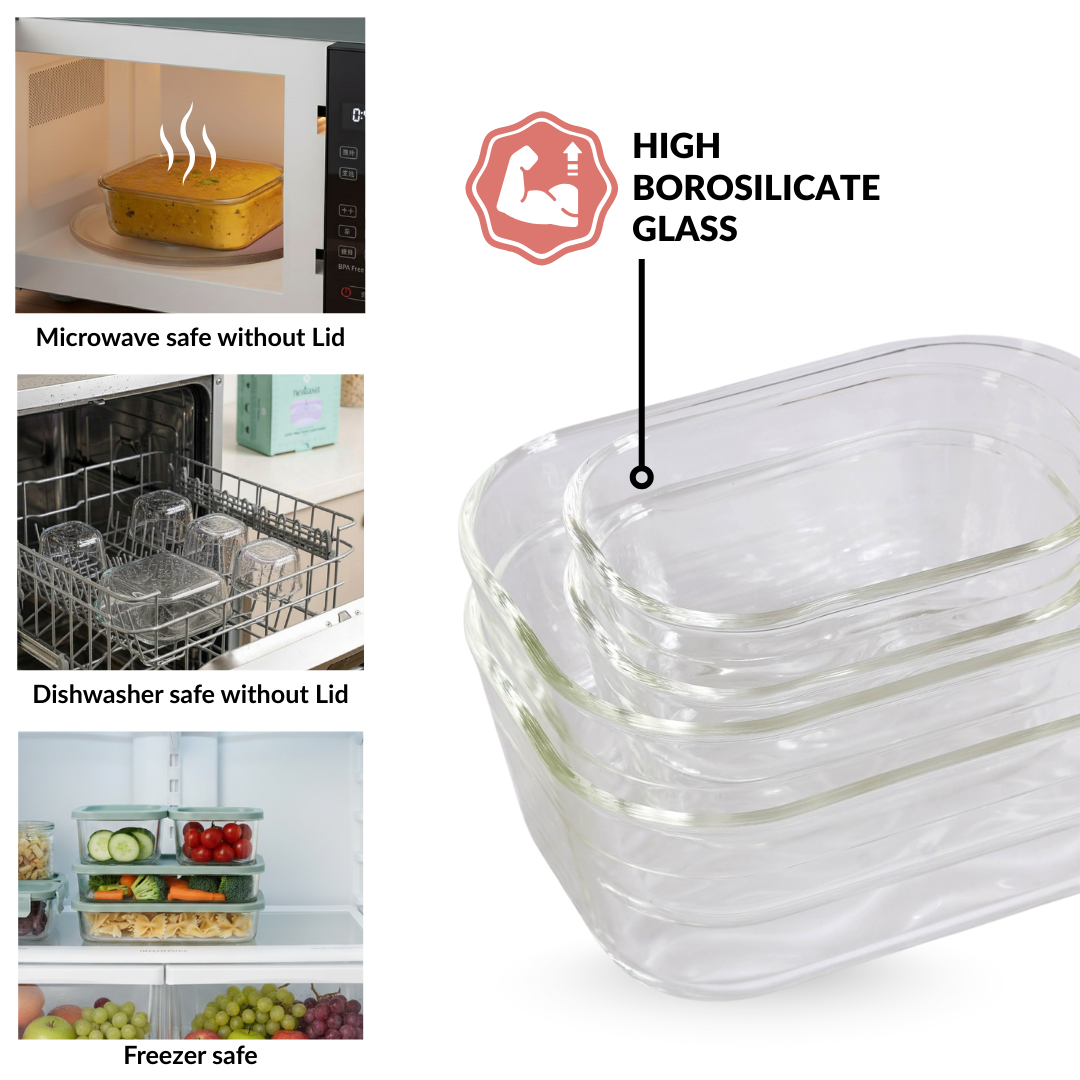 Borosilicate Premium Food Container With Lid Set Of 7 310ml 520ml 1200ml Berrywood