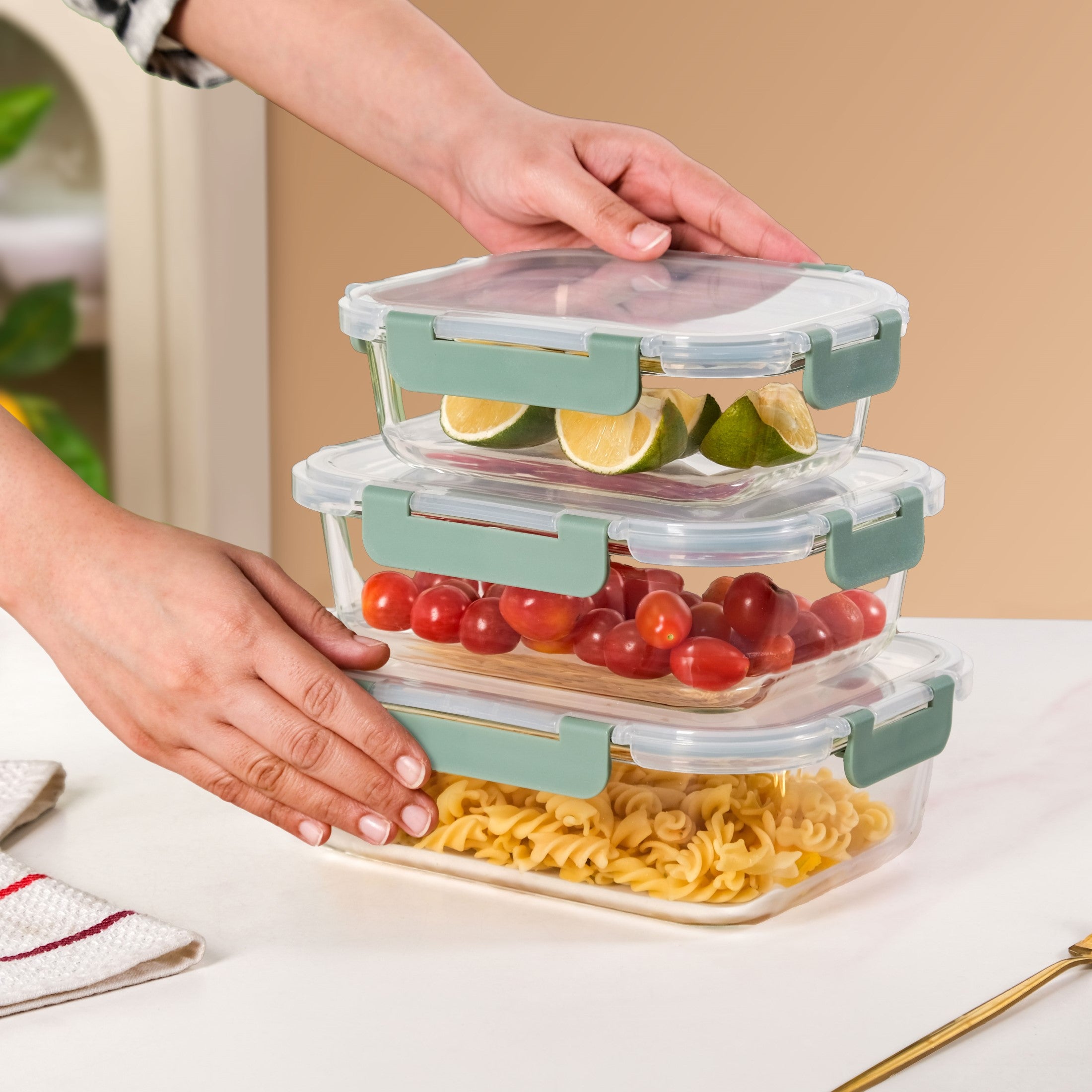 Leakproof Rectangular Food Storage Box Set Of 3 Green S 600ml M 1000ml L 1500ml