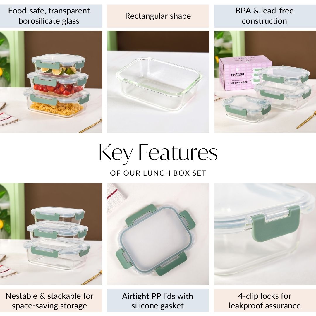 Leakproof Rectangular Food Storage Box Set Of 3 Green S 600ml M 1000ml L 1500ml