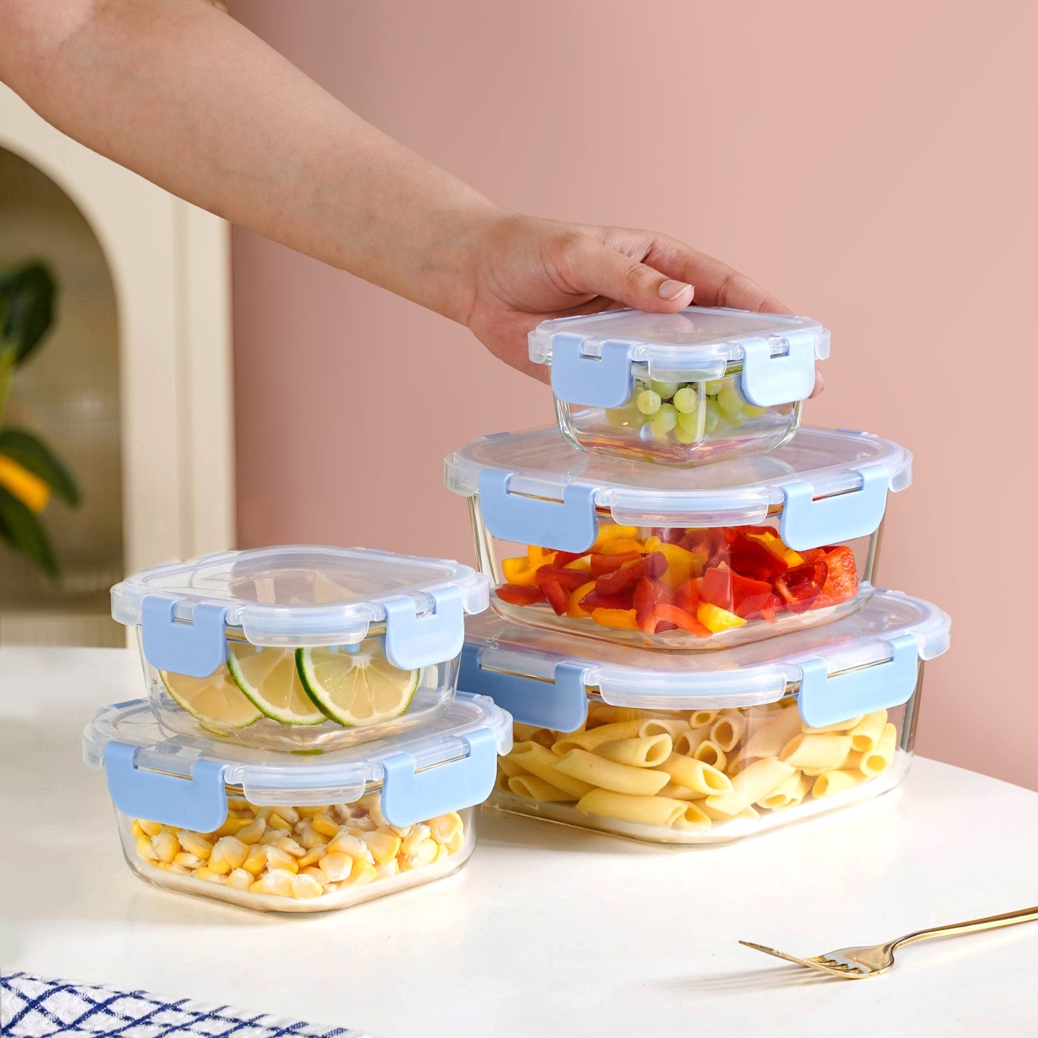 Airtight Food Storage Square Container Set Of 5 Blue XS 160 S 300 M 500 L 800 XL 1200