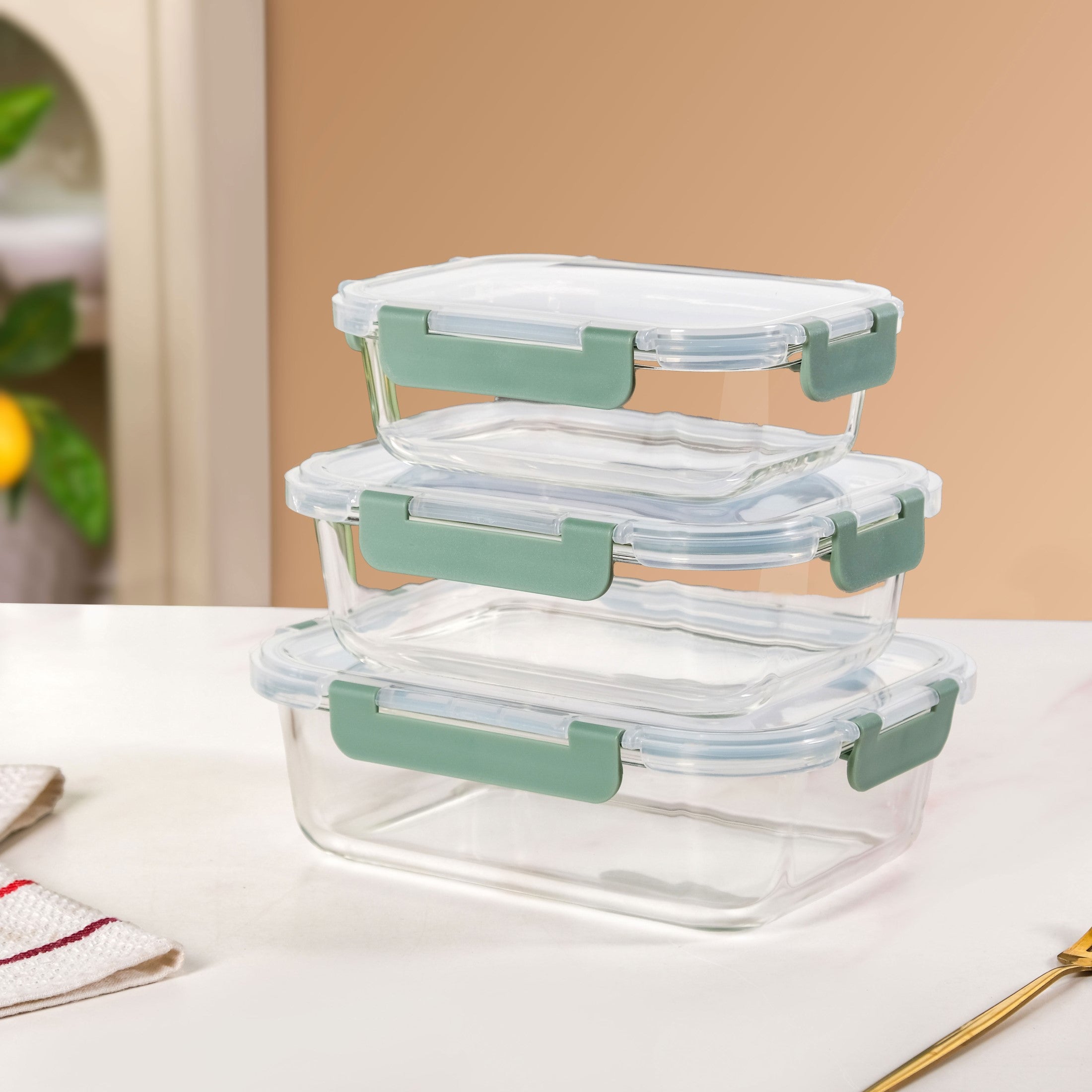 Leakproof Rectangular Food Storage Box Set Of 3 Green S 600ml M 1000ml L 1500ml