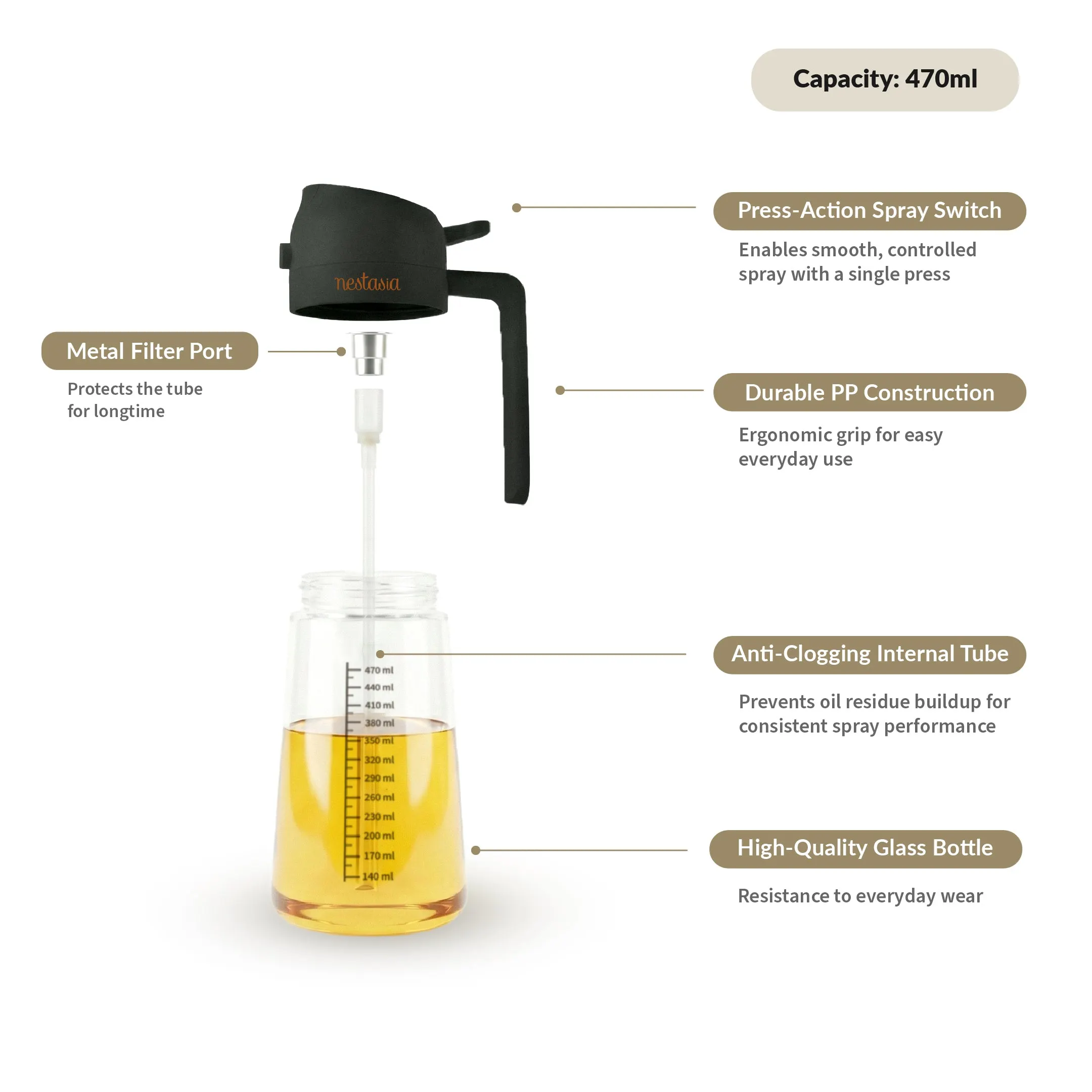 Spray And Pour Oil Dispenser Bottle Black 470ml With Spoon