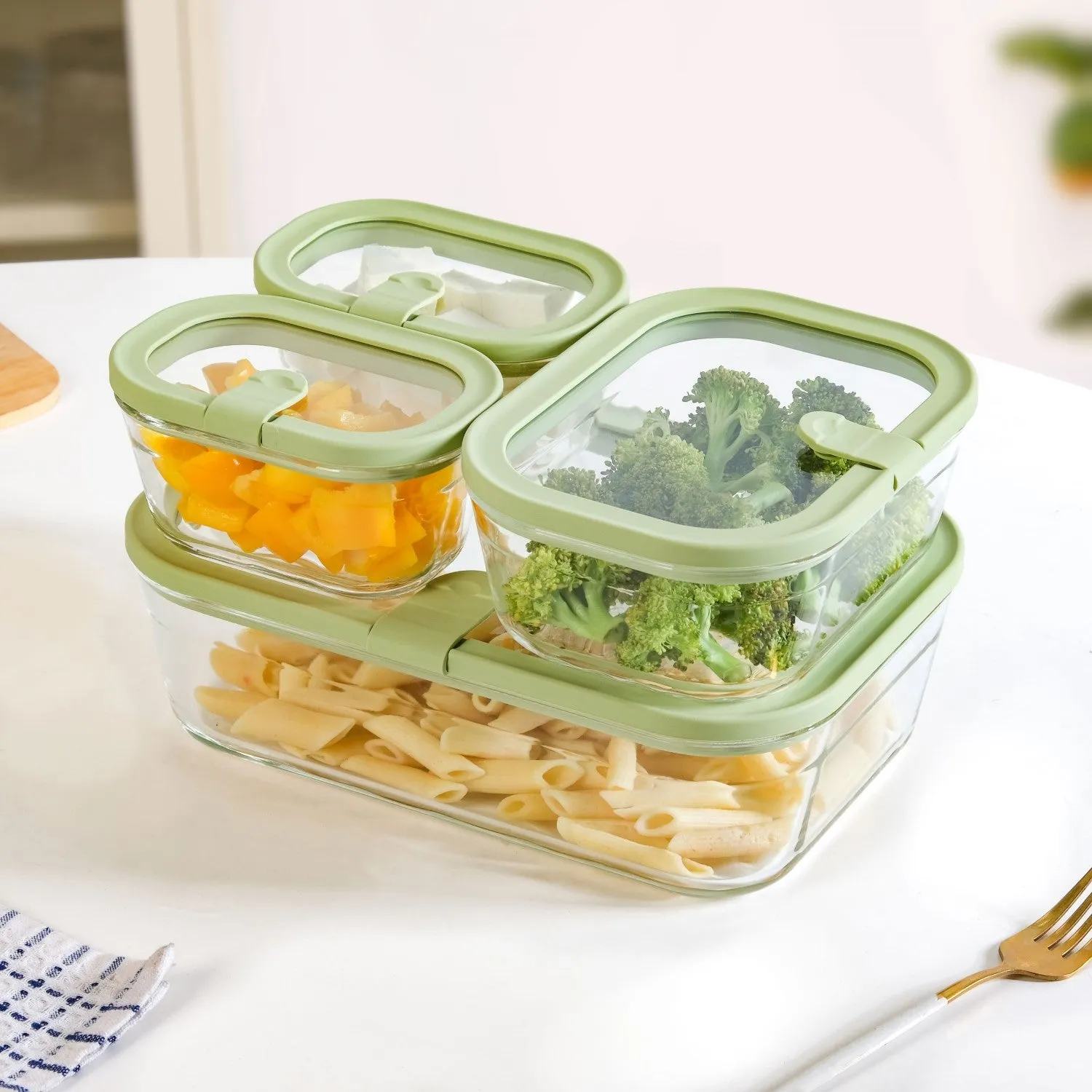 Stackable Food Container Set Of 4 370ml 930ml 2500ml Green