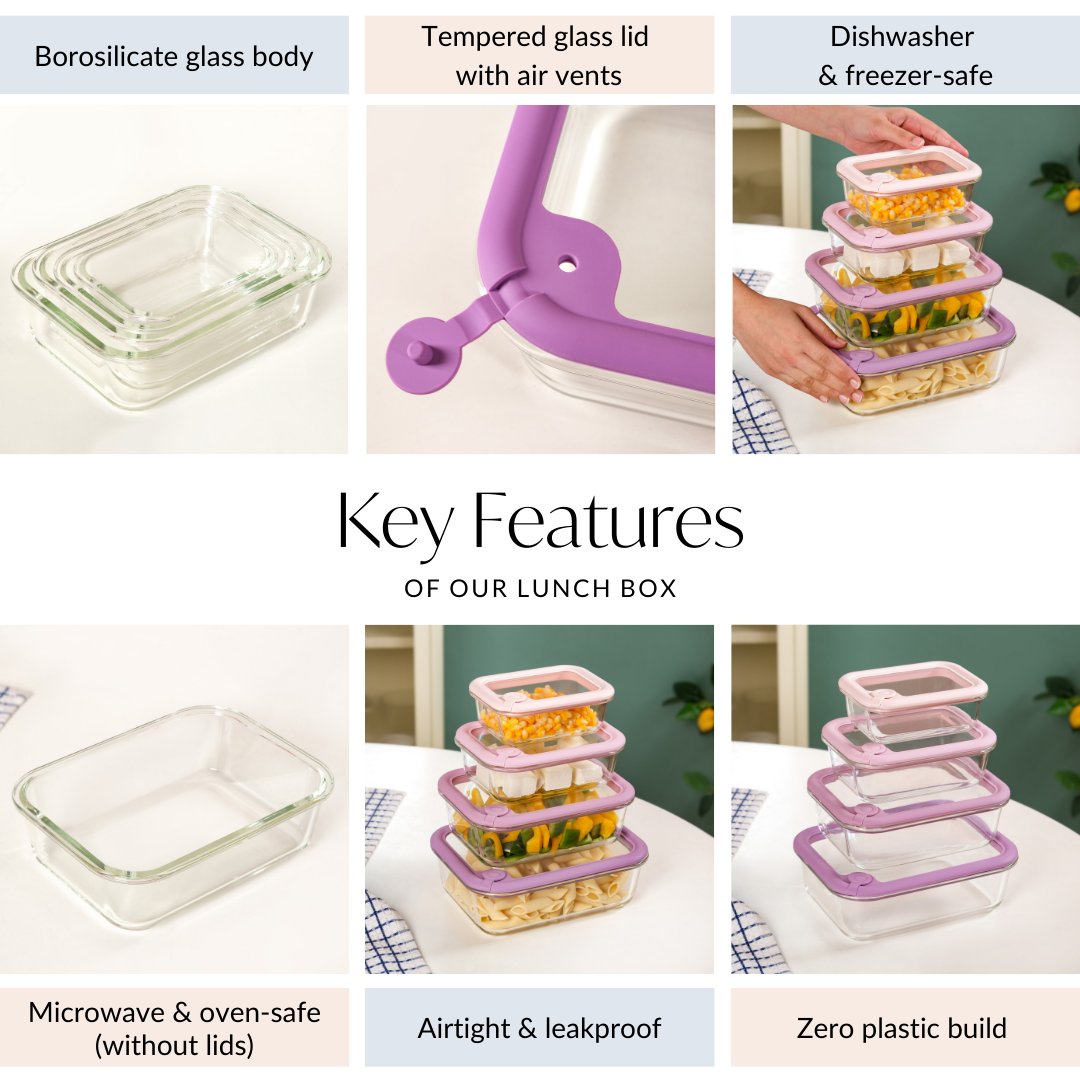 Air Vent Tempered Glass Lid Food Storage Container Set Of 4 Pink Ombre 370ml 640ml 1040ml 1520ml