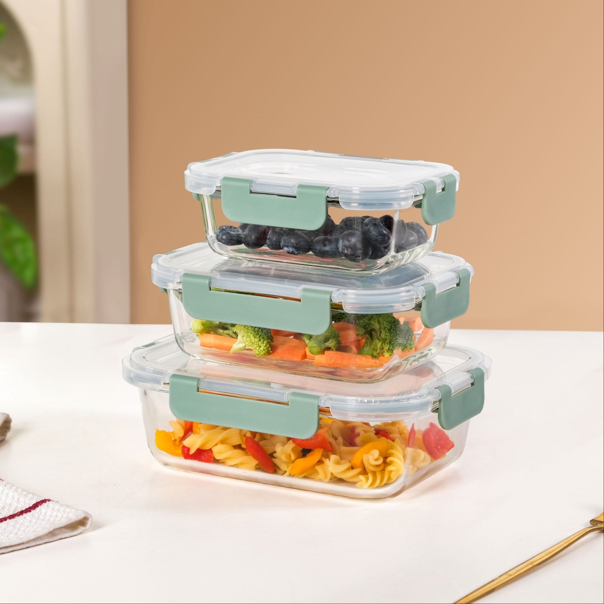 Lunch Box Set Of 3 Green S 370ml M 600ml L 1000ml