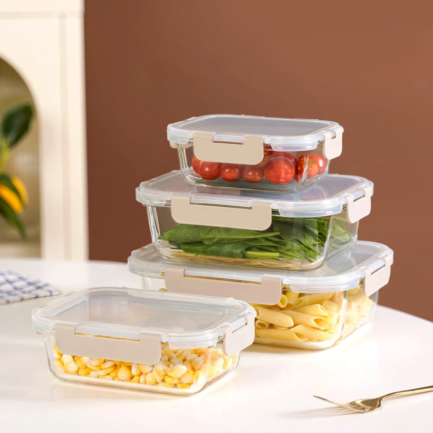 Microwave Safe Stackable Food Storage Box Set Of 4 Beige S 370ml M 600ml L 1000ml XL 1500ml