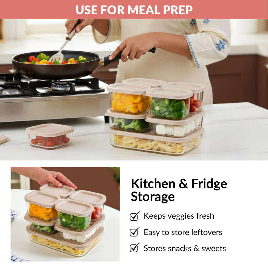 Borosilicate Premium Food Container With Lid Set Of 7 310ml 520ml 1200ml Beige